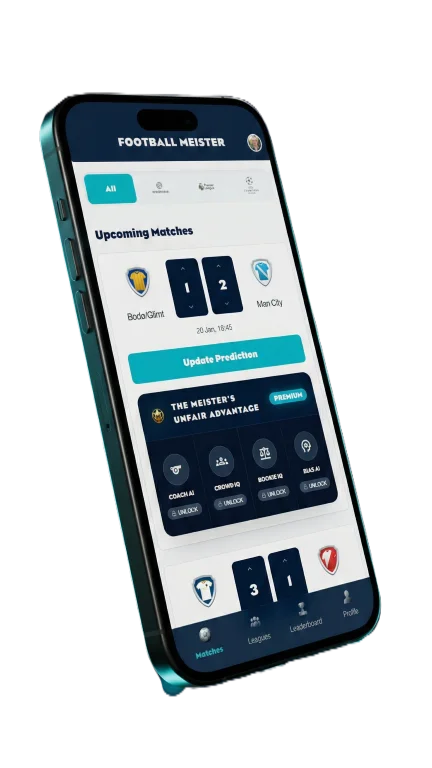 Football Meister mobile app showing Premier League match predictions and team stats