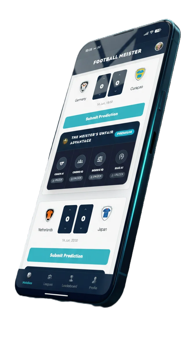 Football Meister app showing World Cup 2026 match predictions and leaderboard